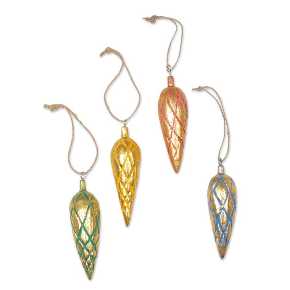 Four Handcrafted Gold Tone Albesia Wood Ornaments from Bali 'Golden Cones'