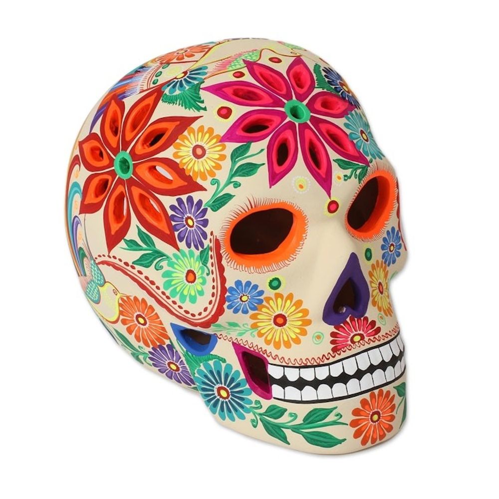 Floral Skull Ceramic Tealight Holder from Mexico 'Floral Skull'