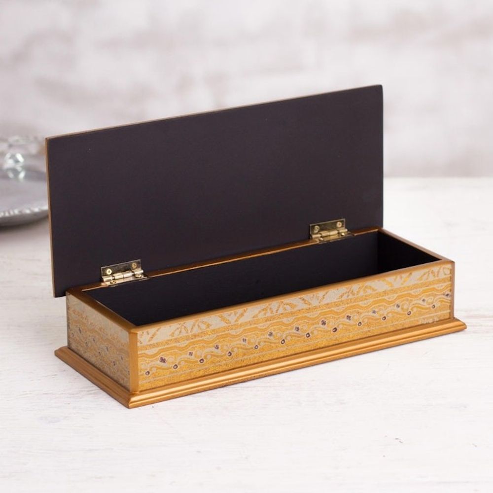 Gold-Tone Reverse-Painted Glass Decorative Box from Peru 'Golden Colonial Elegance'