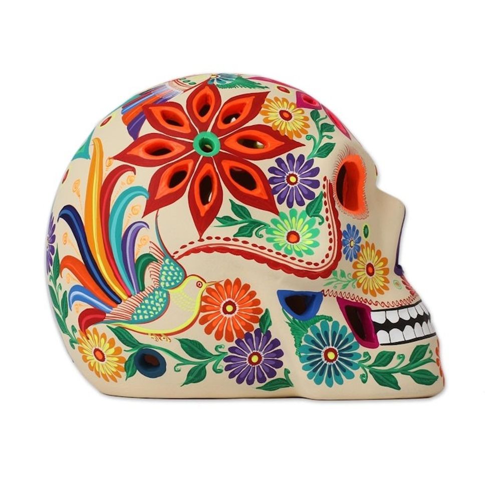 Floral Skull Ceramic Tealight Holder from Mexico 'Floral Skull'