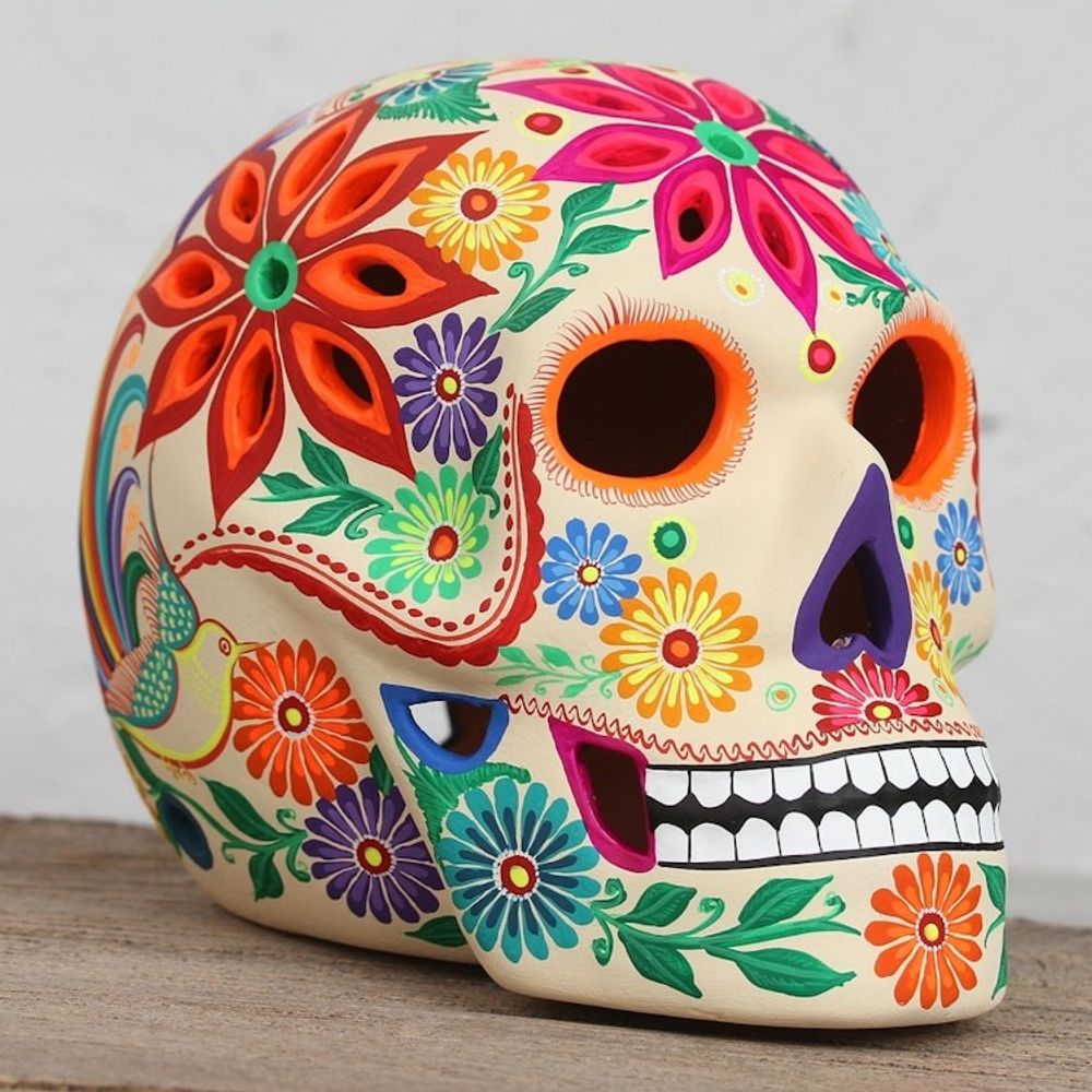 Floral Skull Ceramic Tealight Holder from Mexico 'Floral Skull'