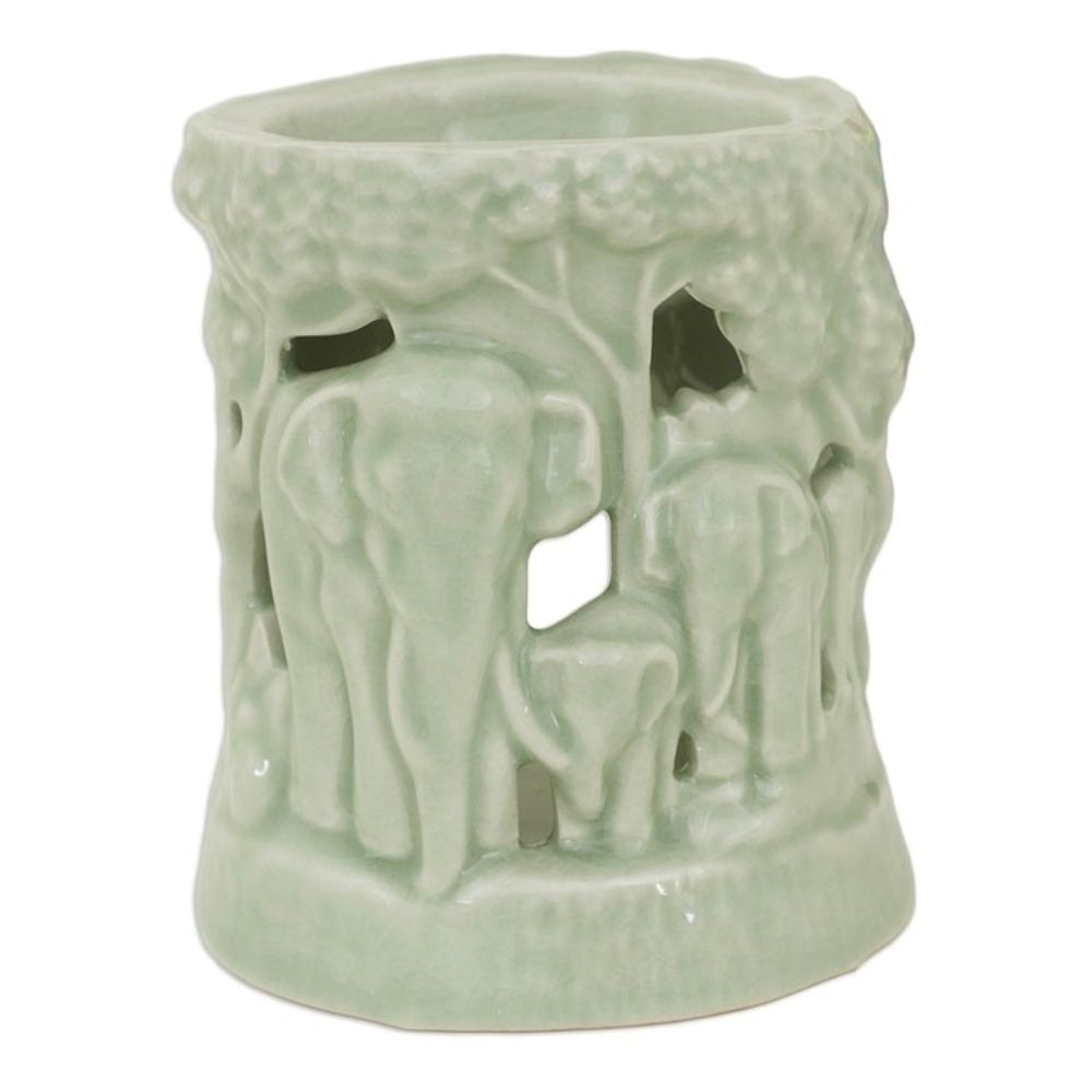 Green Ceramic Clay Oil Warmer Handcrafted Thailand Elephants 'Lush Thai Forest'