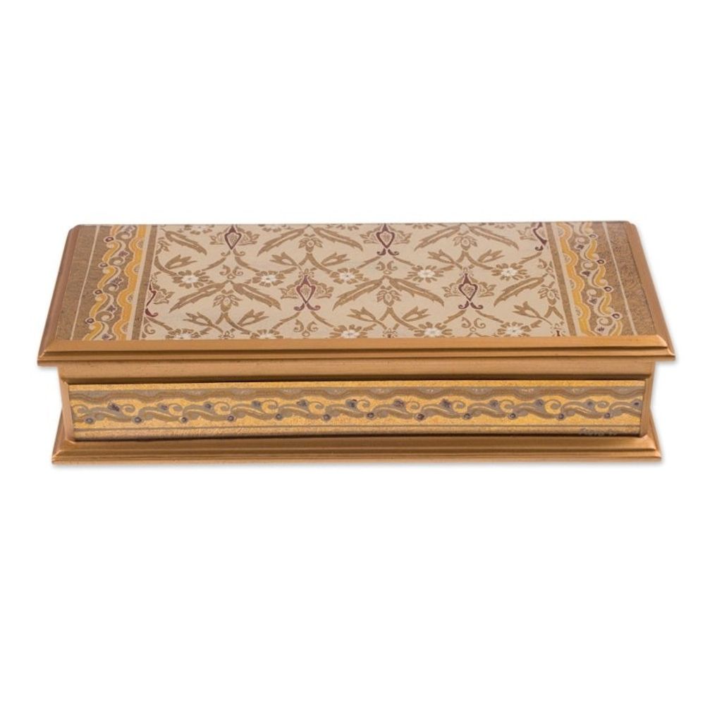 Gold-Tone Reverse-Painted Glass Decorative Box from Peru 'Golden Colonial Elegance'
