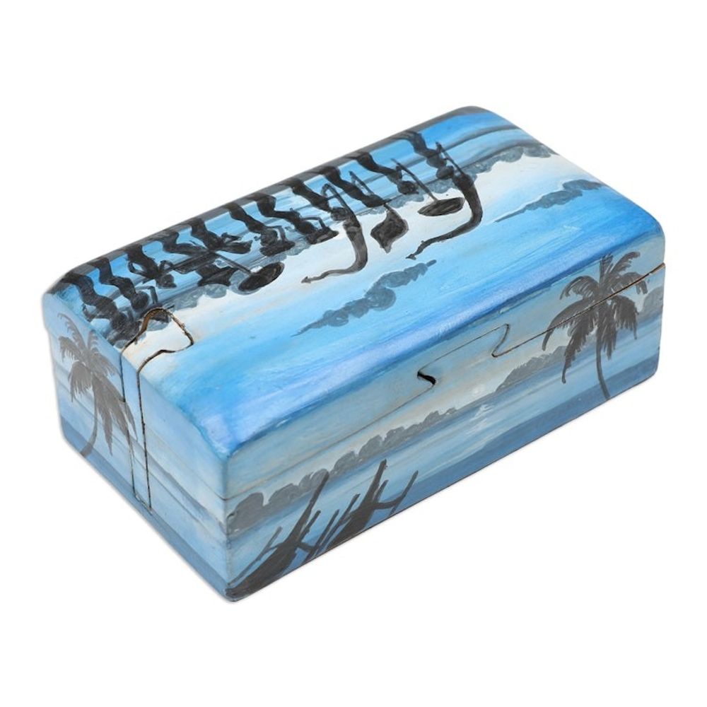 Painted Melasti-Inspired Suar Wood Decorative Box in Blue 'Melasti Morning'
