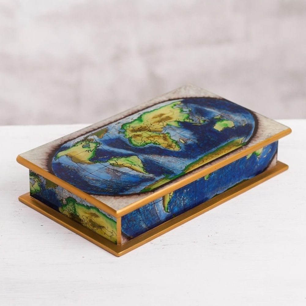 Map of the World Reverse-Painted Glass Wood Decorative Box 'World View'