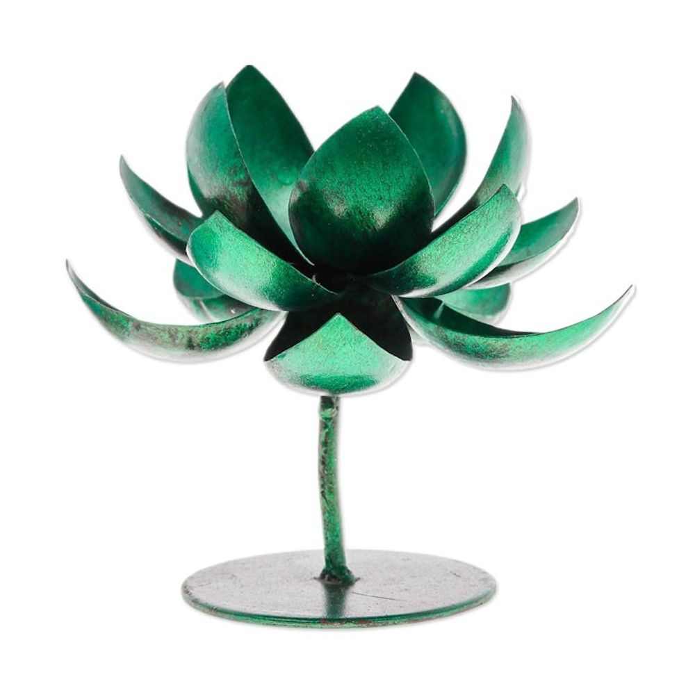 Handmade Lotus-Shaped Metallic Green Steel Tealight Holder 'Lotus Benison in Green'
