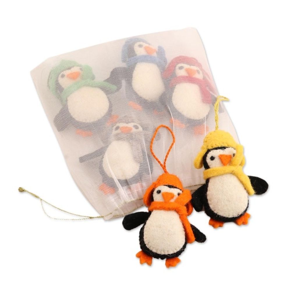 Handmade Felted Wool Penguin ornaments Set of 6 'Cozy Penguins'