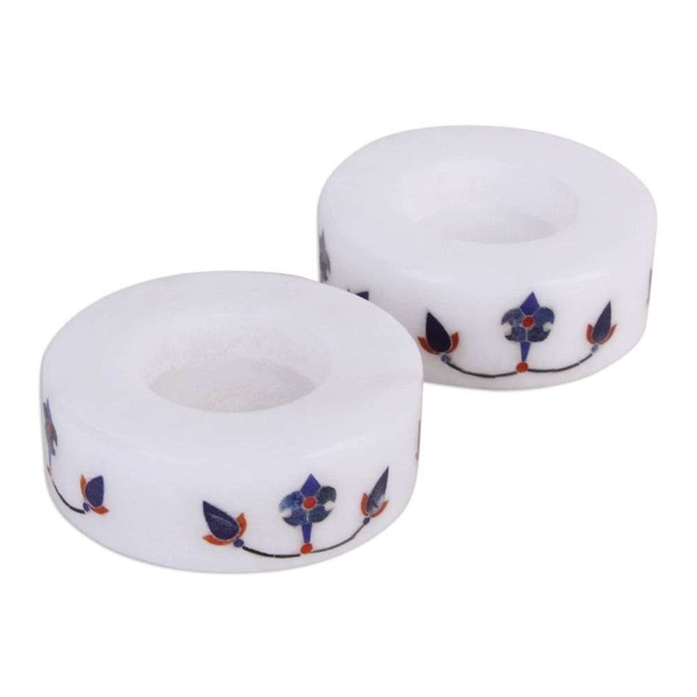 Round Marble Tealight Holder with Blue Blooming Buds Pair 'Floral Symmetry in Blue'