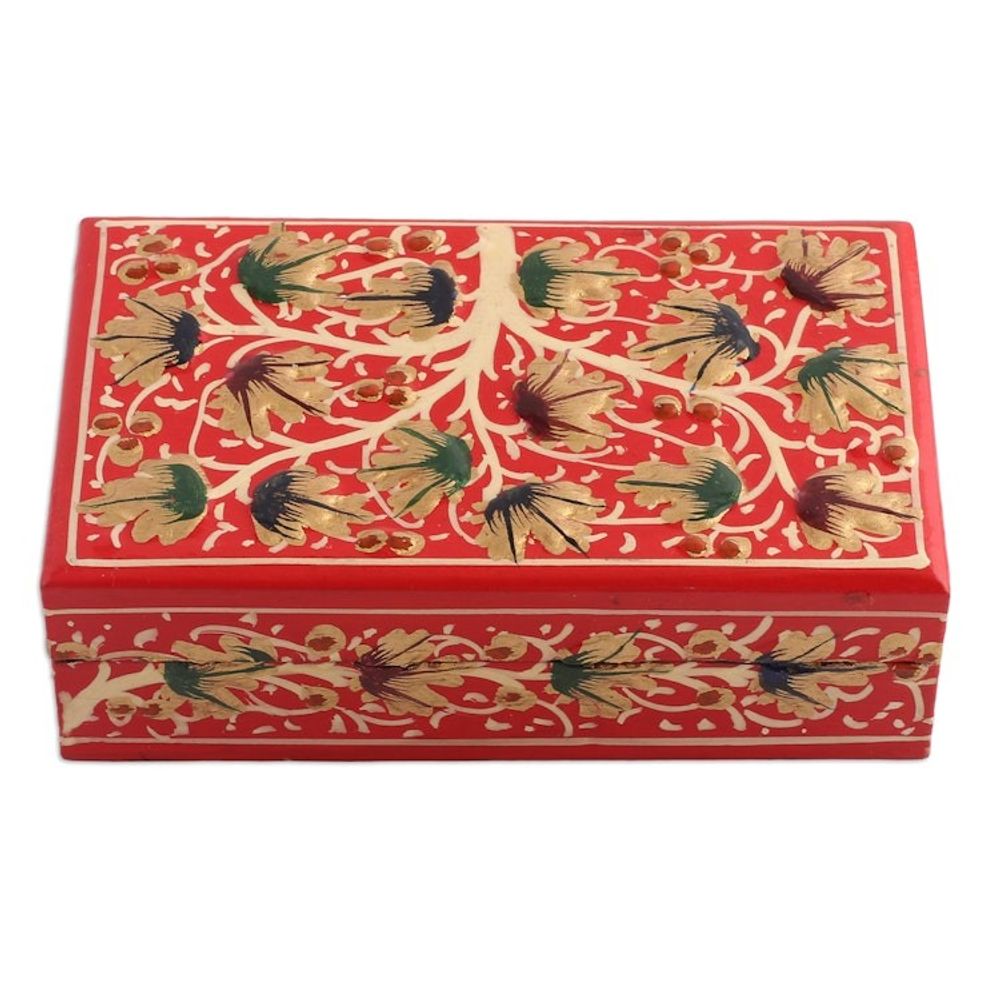 Tree-Themed Red and Golden Papier Mache Decorative Box 'Red Nature'