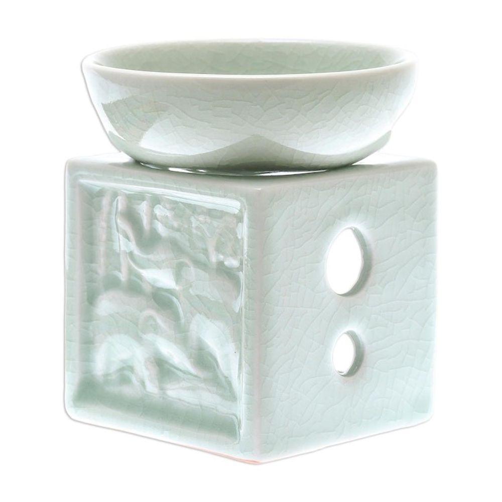 Elephant-Themed Celadon Ceramic Oil Warmer from Thailand 'Elephant Jungle'