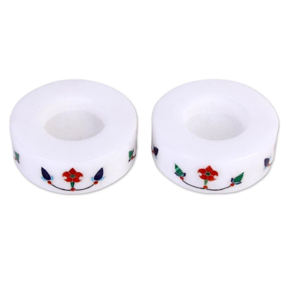 Pair of Marble Tealight Holders Handcrafted in India 'Floral Disc'