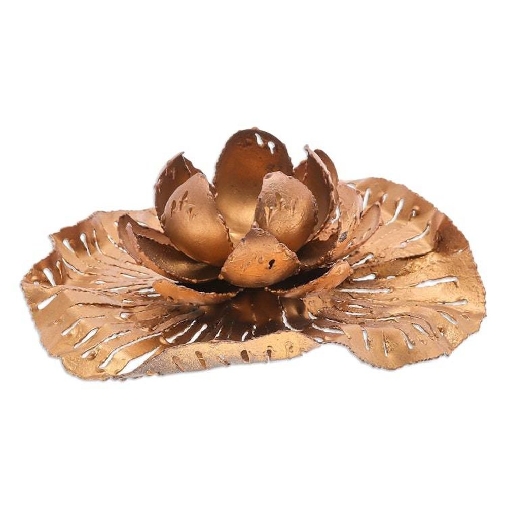 Golden-Toned Lotus-Themed Iron Tealight Candleholder 'Heaven's Lotus'