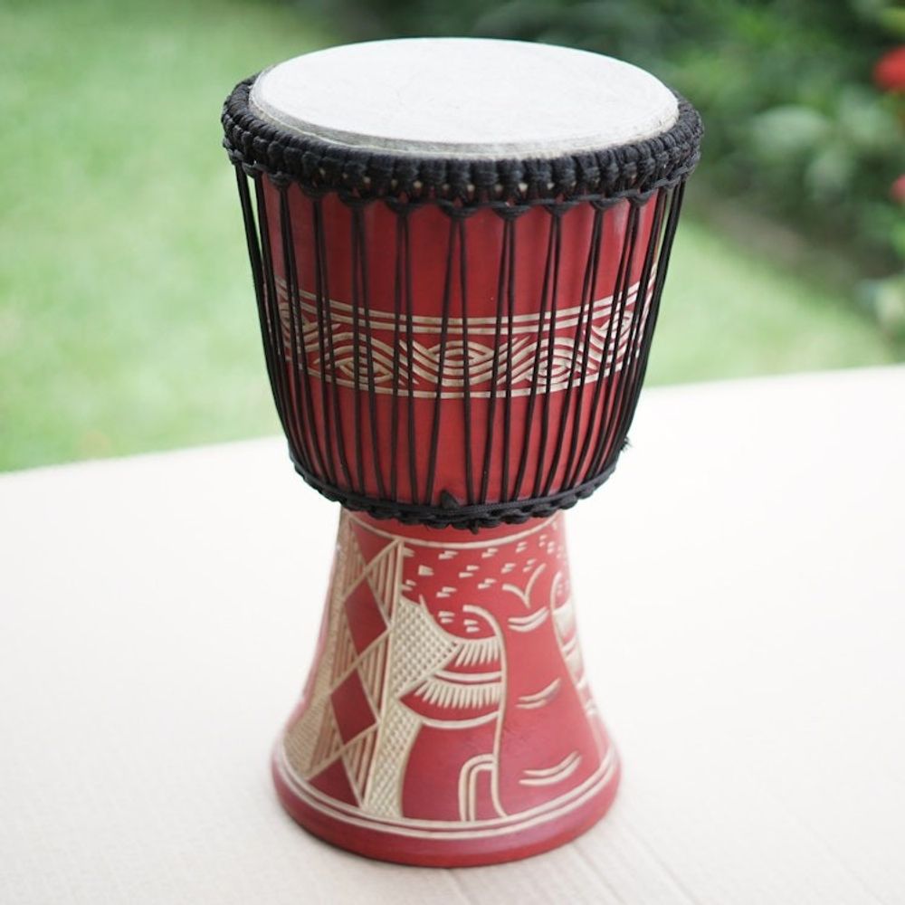 Butterfly-Themed Red Sese Wood and Goat Skin Djembe Drum 'Butterfly Beat'
