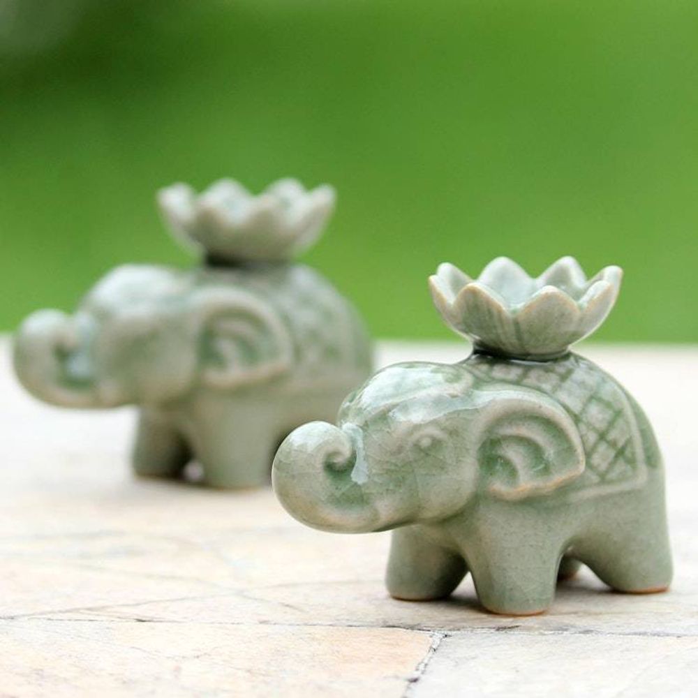 Elephant and Lotus Ceramic Incense Holders from Thailand 2 'Lotus Elephant'