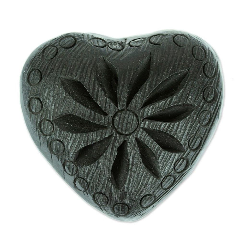 Barro Negro Black Ceramic Mini Jewelry Box Crafted in Mexico 'Heart Flower'