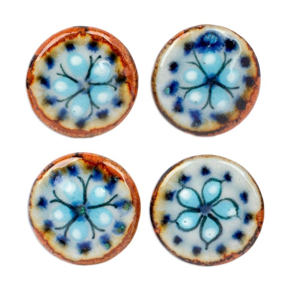 Set of 4 Handcrafted Ceramic Floral Knobs from Mexico 'Floral Convenience'