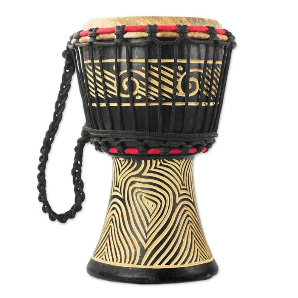 Wood Mini Djembe Drum with Line Motifs from Ghana 'Contours of Music'