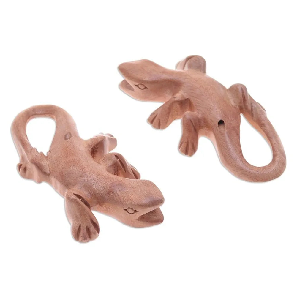 Hand-Carved Raintree Wood Gecko Ocarina Pair from Thailand 'Gecko Song'