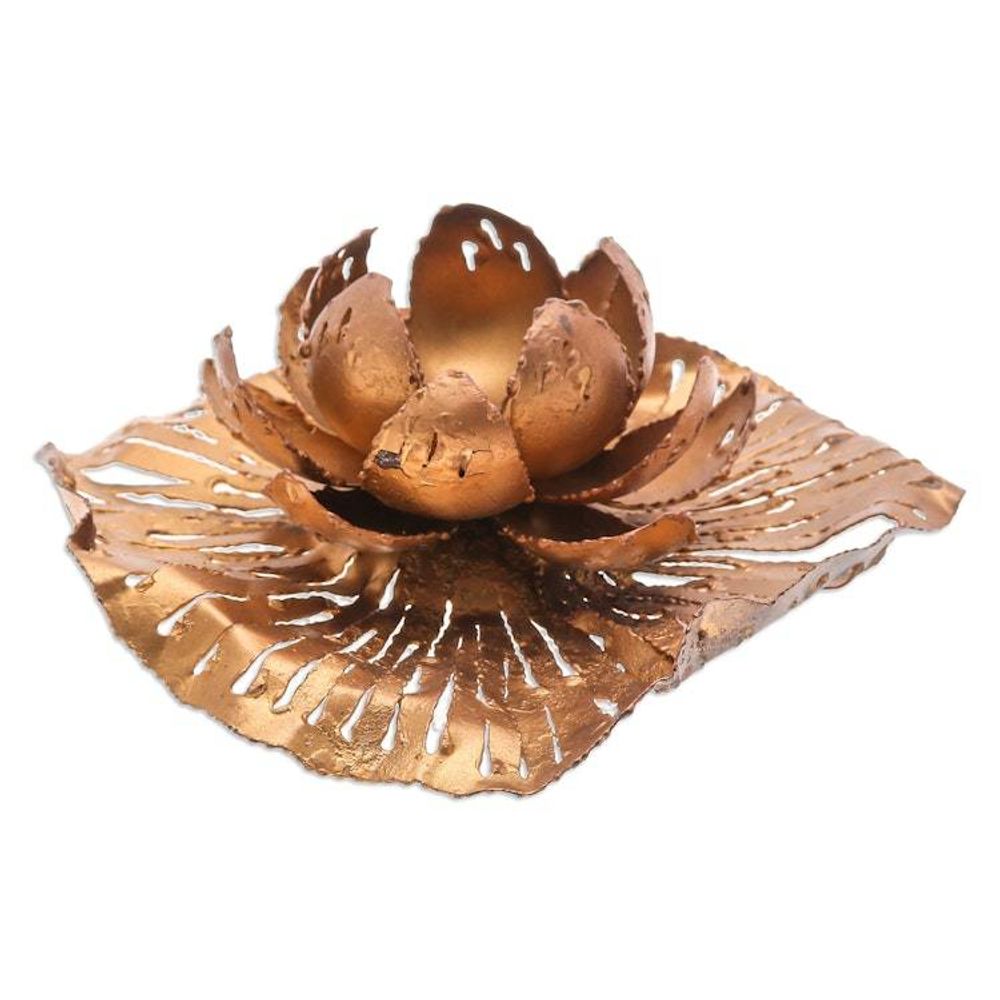 Golden-Toned Lotus-Themed Iron Tealight Candleholder 'Heaven's Lotus'