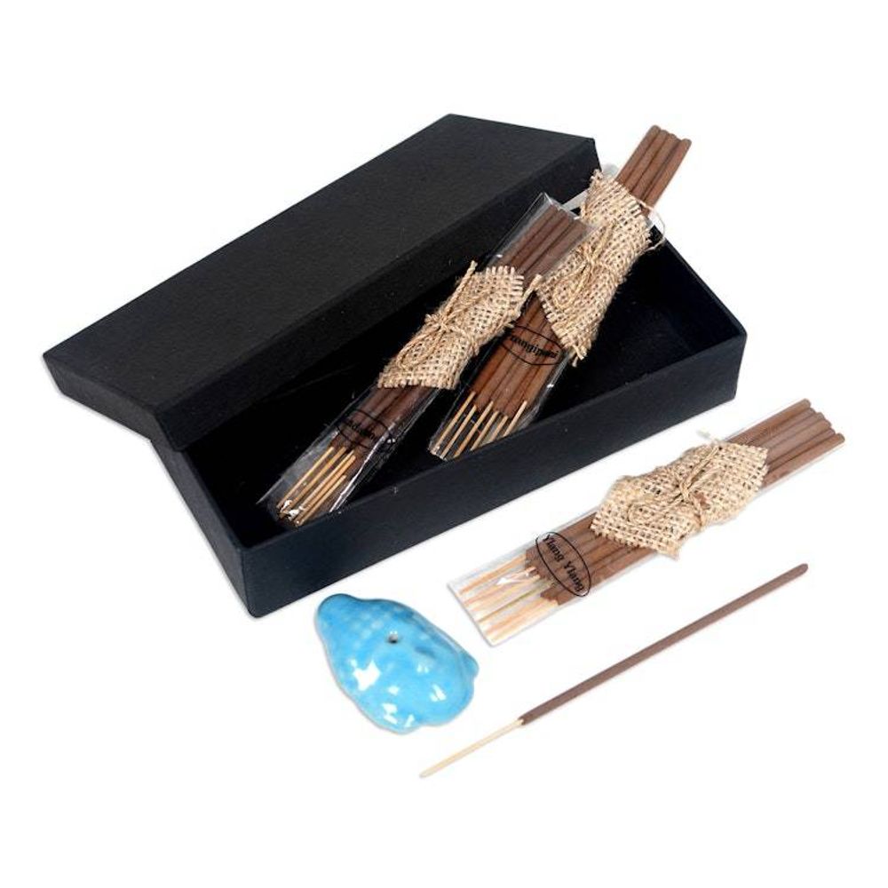 Buddha-Themed Blue Ceramic Incense Set with 18 Sticks 'Blue Vesak Celebration'