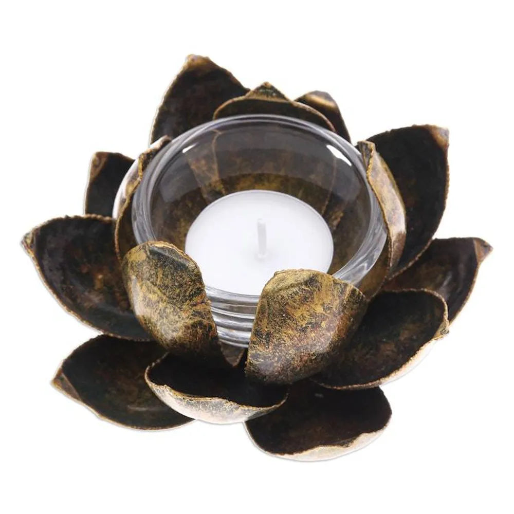 Handmade Antique Finished Steel Lotus Flower Tealight Holder 'Precious Lotus in Gold'