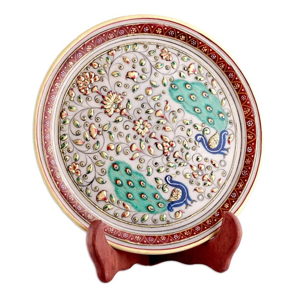 Floral Marble Decorative Plate with Hand-Painted Peacocks 'Peacock Creation'