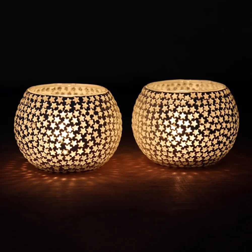 White Star Glass Mosaic Tealight Holders Pair 'Festive Stars'
