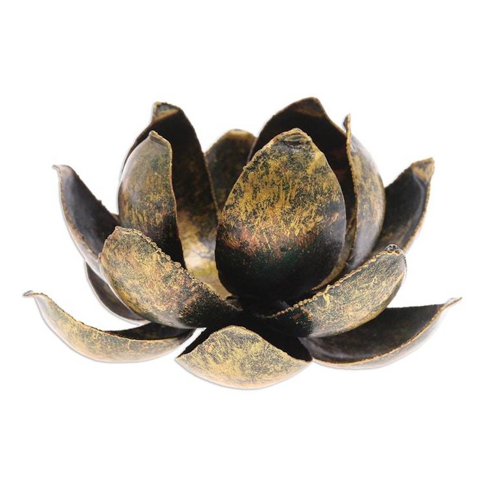 Handmade Antique Finished Steel Lotus Flower Tealight Holder 'Precious Lotus in Gold'
