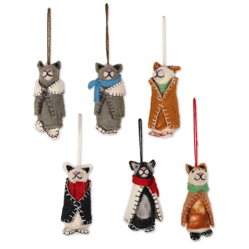 Embroidered Wool Cat Ornaments from India Set of 6 'Cozy Animals'