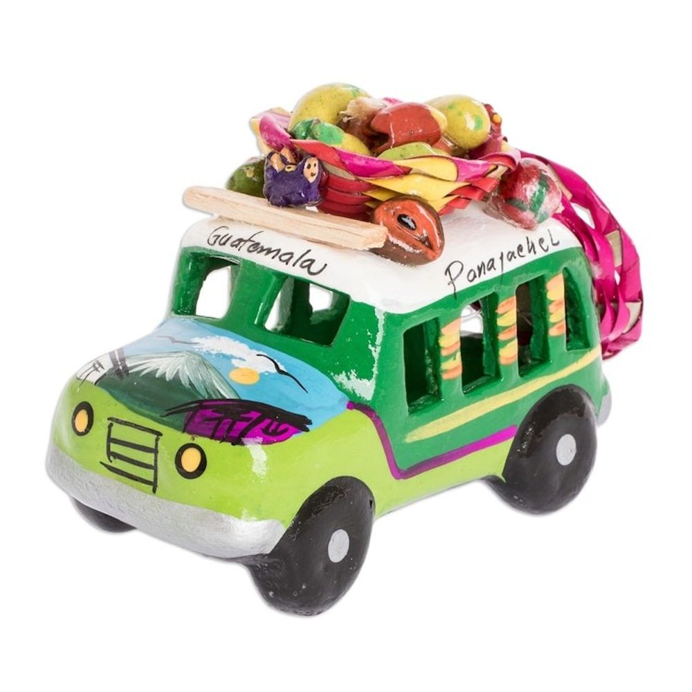 Two Tone Green Ceramic Bus Figurine from Guatemala 'Green Old Time Bus'