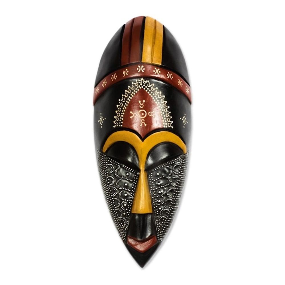 Colorful Aluminum Accented African Wood Mask from Ghana 'Face of Greatness'