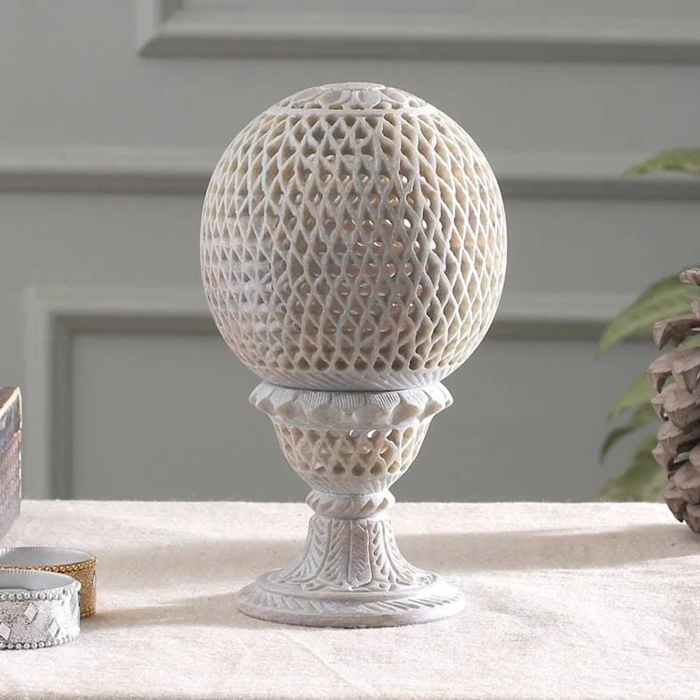 Globe-Shaped Openwork Hand-Carved Soapstone Tealight Holder 'Reflection from the Past'