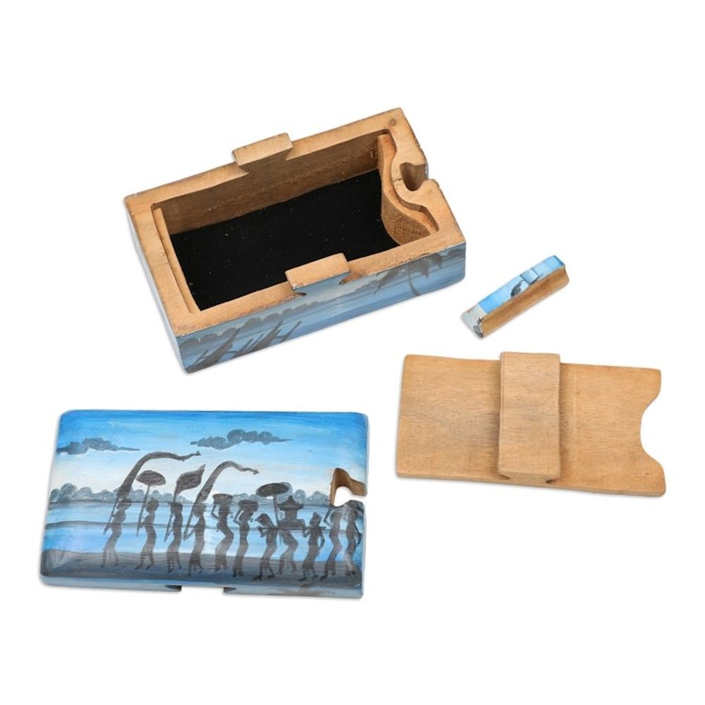 Painted Melasti-Inspired Suar Wood Decorative Box in Blue 'Melasti Morning'