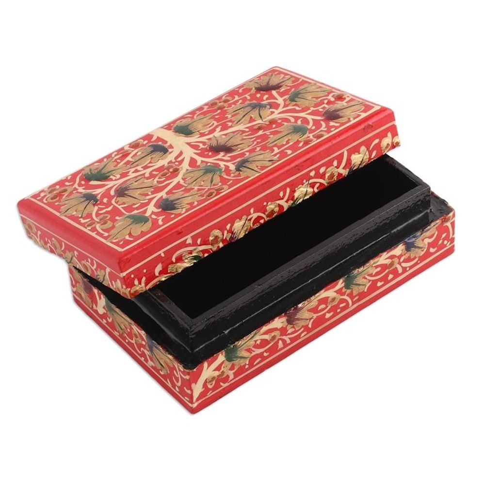 Tree-Themed Red and Golden Papier Mache Decorative Box 'Red Nature'