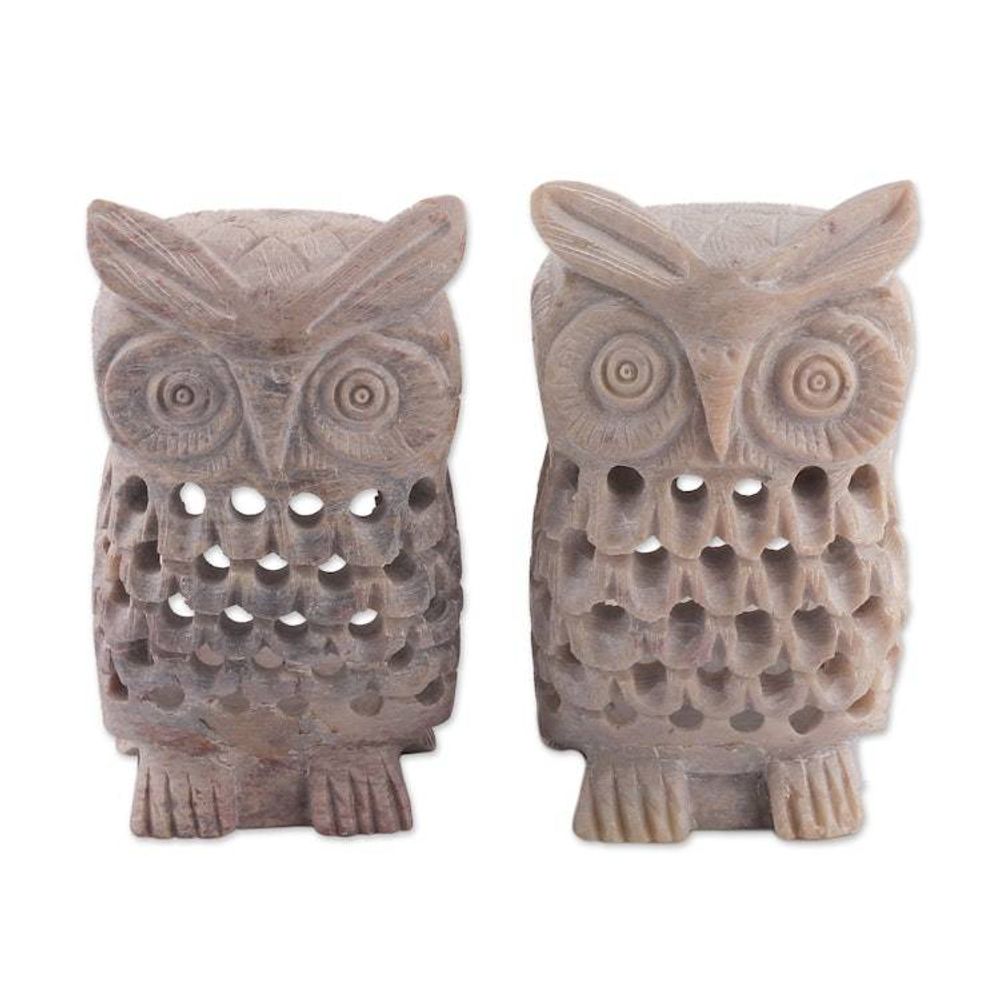 Owl-Themed Openwork Jali Soapstone Tealight Holders Pair 'Owl Glory'
