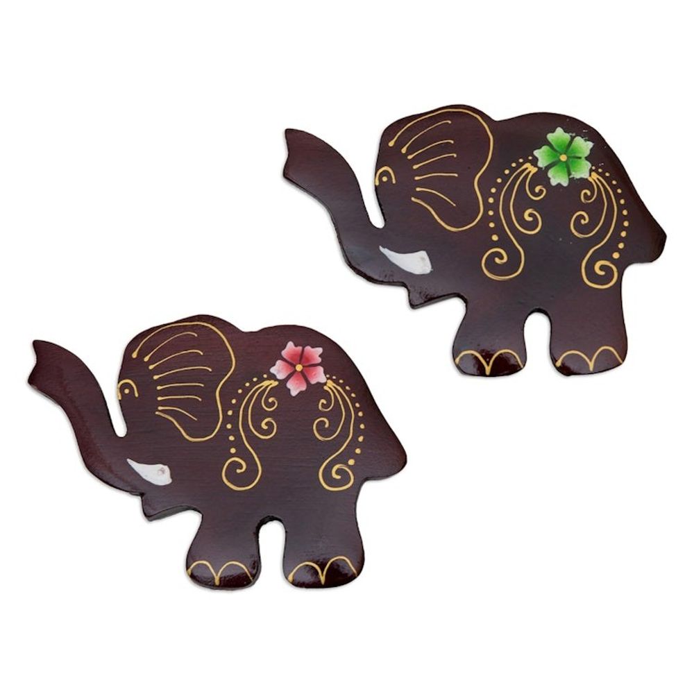 Set of 2 Hand-Painted Floral Elephant-Shaped Wood Magnets 'Paradisial Elephants'