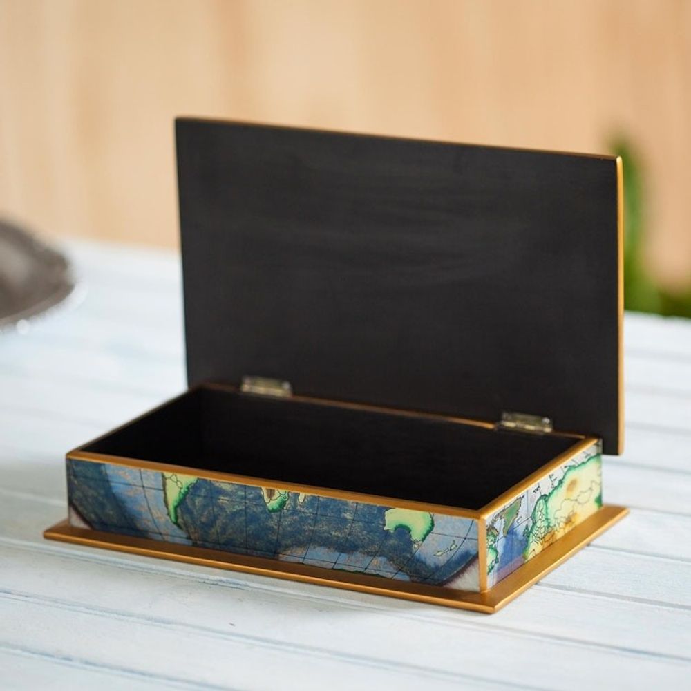 Map of the World Reverse-Painted Glass Wood Decorative Box 'World View'