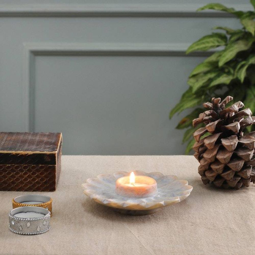 Flower-Shaped Hand-Carved Natural Soapstone Tealight Holder 'Floral Magnificence'