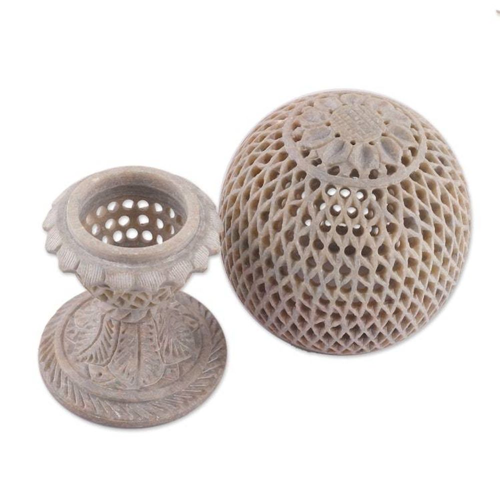 Globe-Shaped Openwork Hand-Carved Soapstone Tealight Holder 'Reflection from the Past'