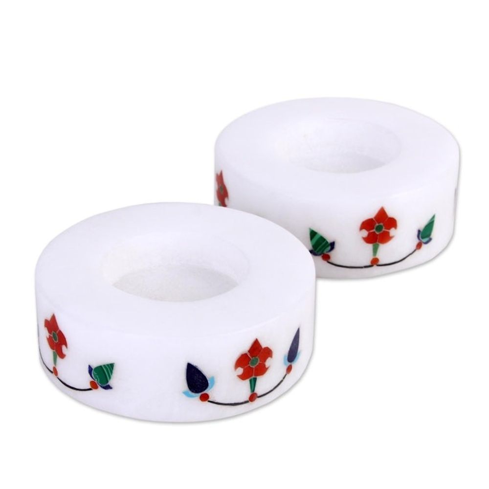Pair of Marble Tealight Holders Handcrafted in India 'Floral Disc'