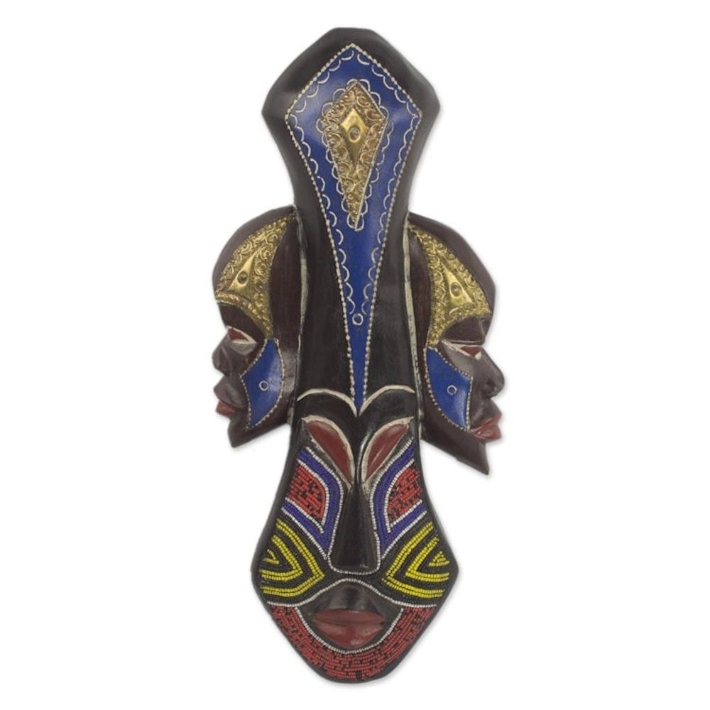 Beaded Wood Three Faced African Wall Mask Crafted by Hand 'Glorious Work'