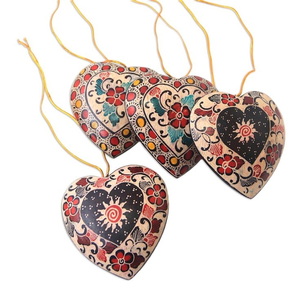 Floral Batik Wood Heart Ornaments from Java Set of 4 'Heart Flowers'