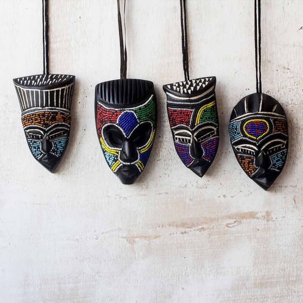 Hand Crafted Beaded Wood Small African Masks Set of 3 'Melowo'