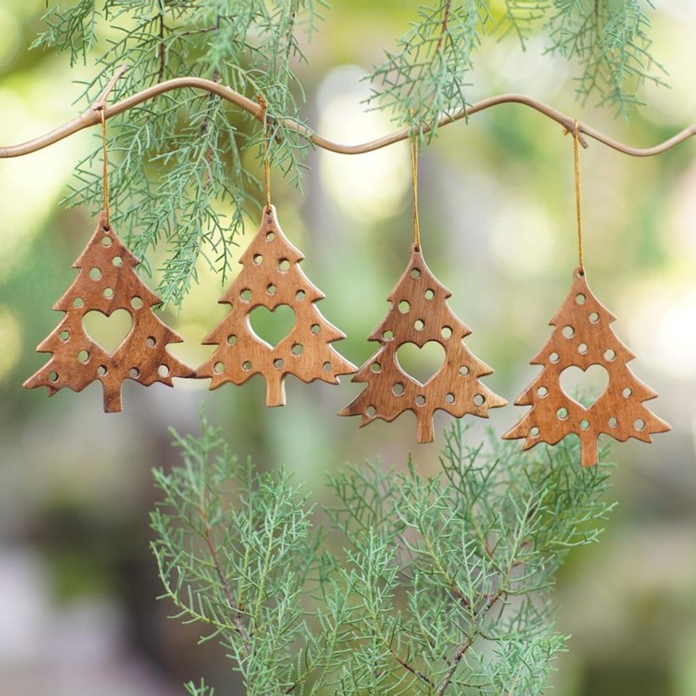 Suar Wood Christmas Ornaments With Hearts Bali Set of 4 'Tree of Love'