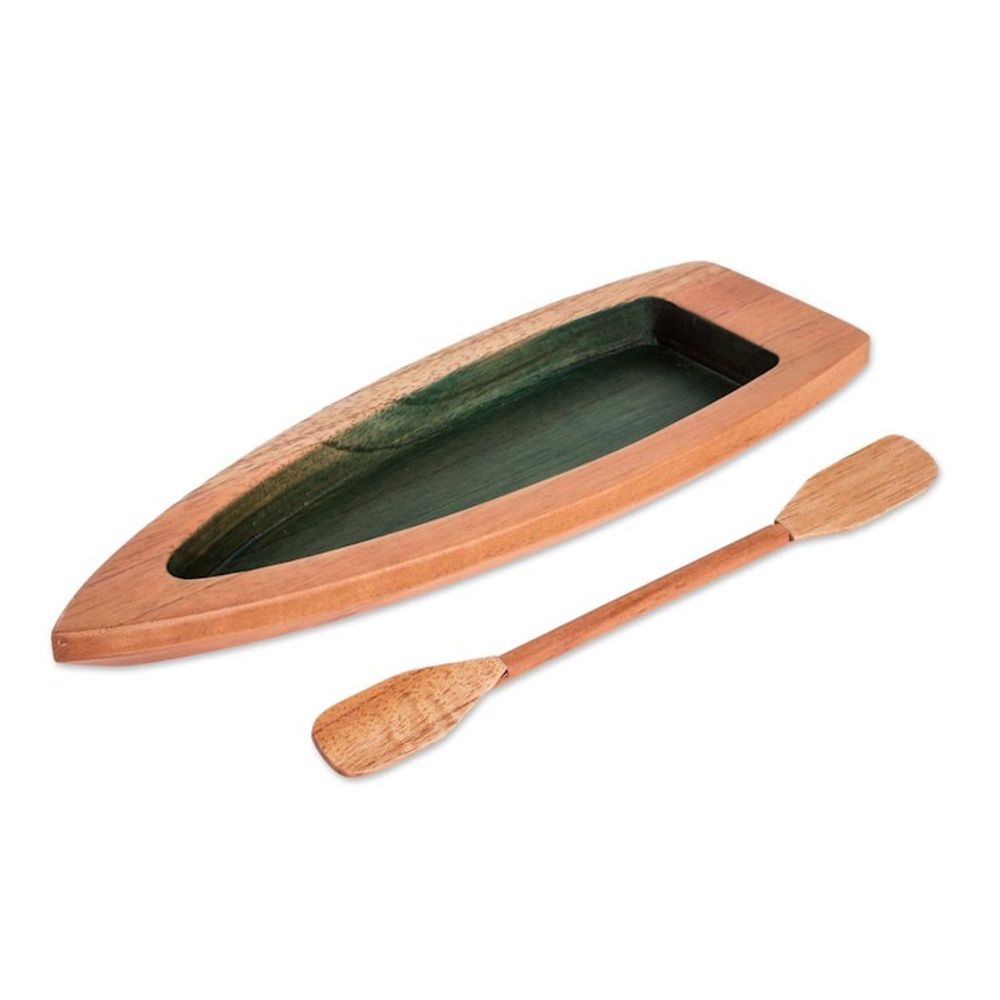 Hand-Carved Green Cedarwood Boat Catchall from Costa Rica 'Adventure in the Green River'