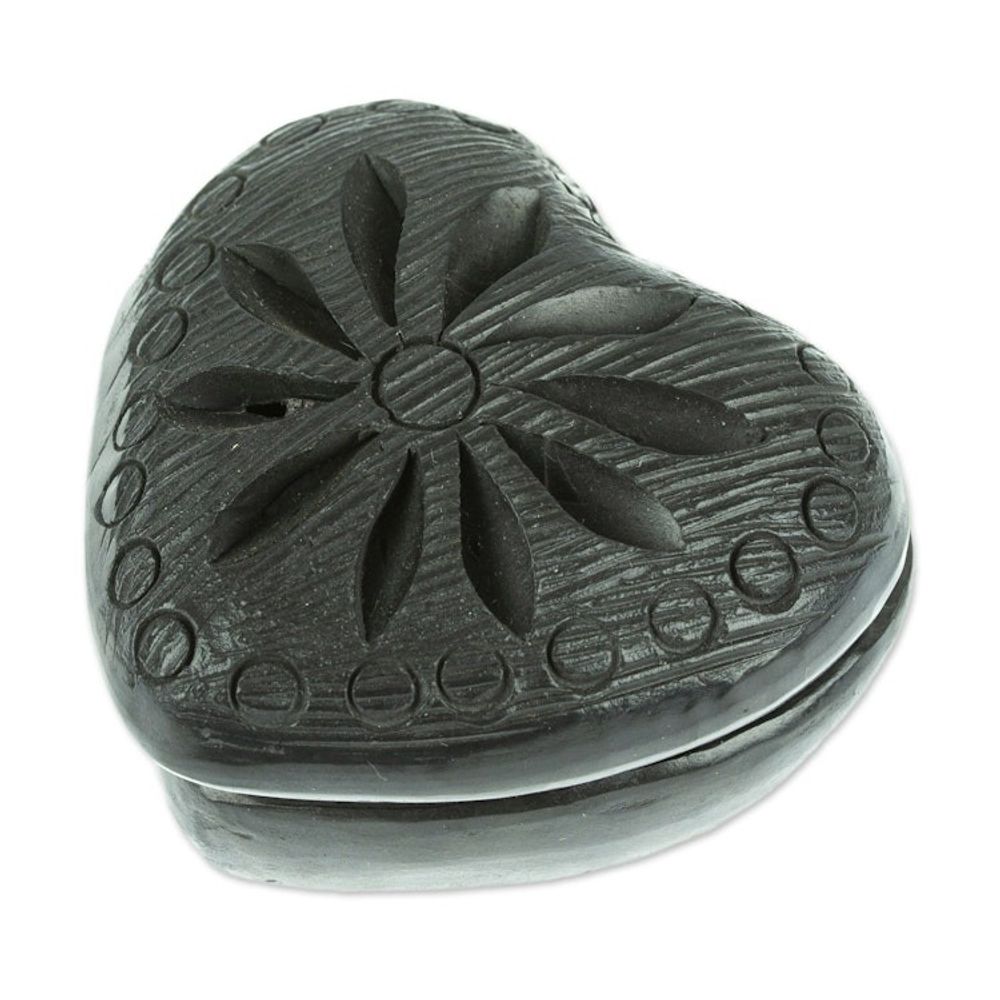 Barro Negro Black Ceramic Mini Jewelry Box Crafted in Mexico 'Heart Flower'