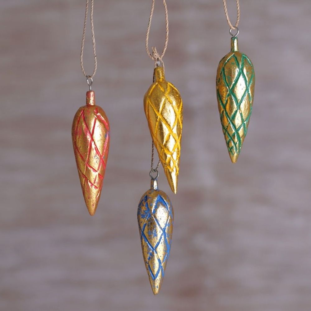 Four Handcrafted Gold Tone Albesia Wood Ornaments from Bali 'Golden Cones'