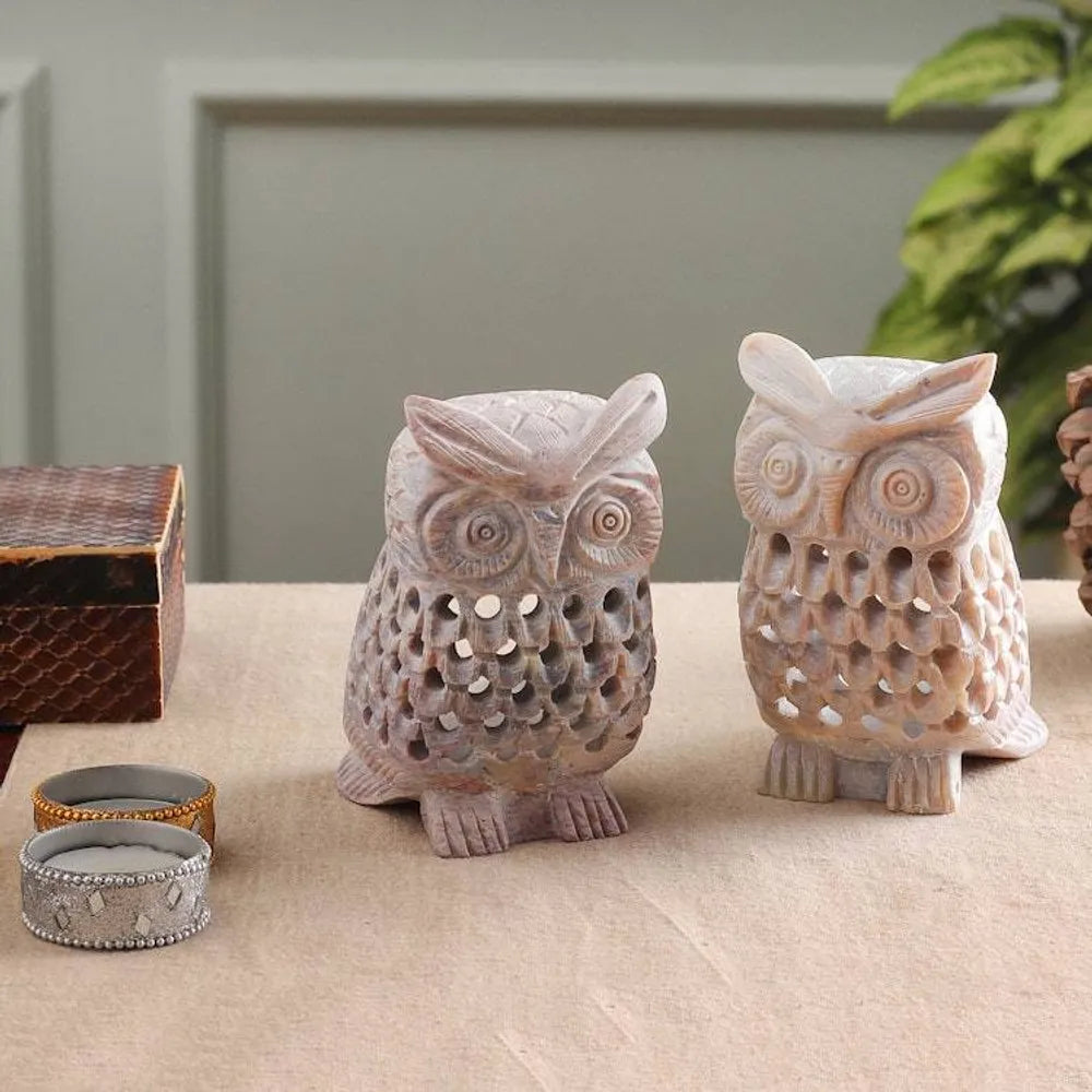 Owl-Themed Openwork Jali Soapstone Tealight Holders Pair 'Owl Glory'