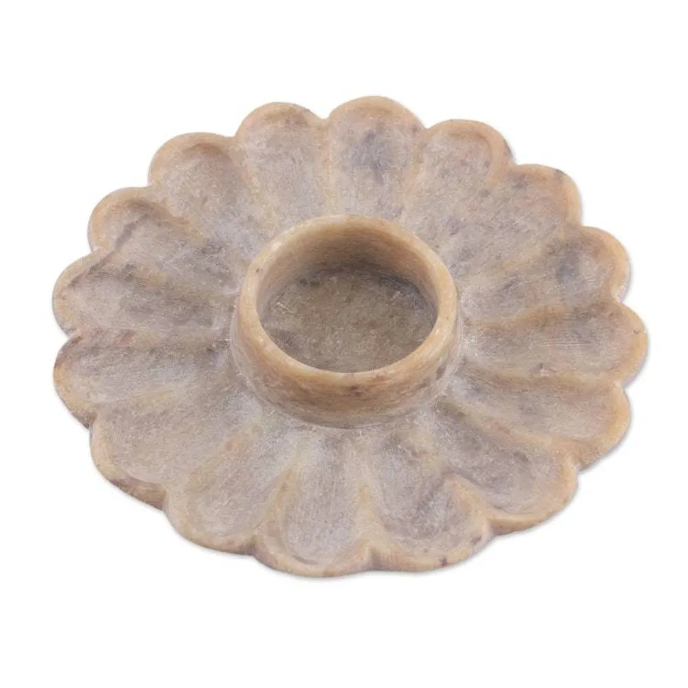 Flower-Shaped Hand-Carved Natural Soapstone Tealight Holder 'Floral Magnificence'