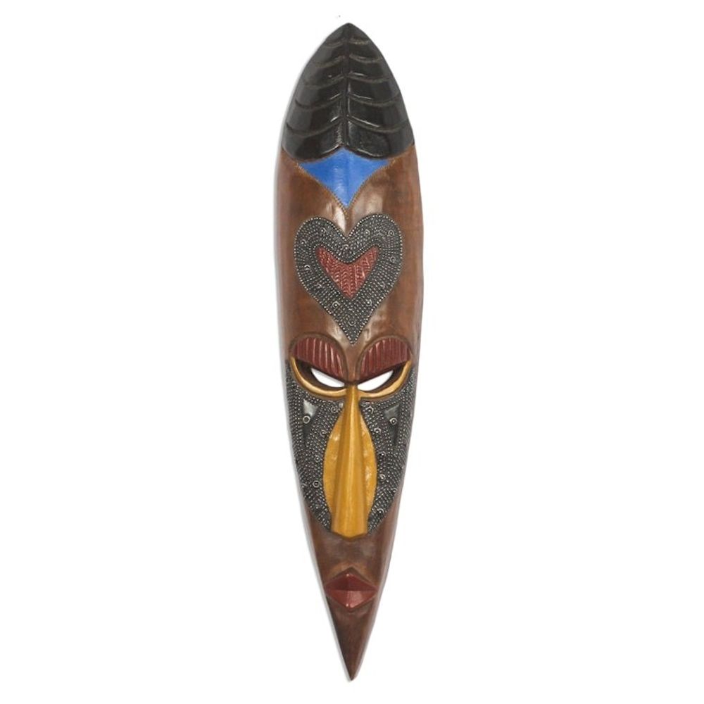 Heart-Pattern African Wood and Aluminum Mask from Ghana 'Ghanaian Love'